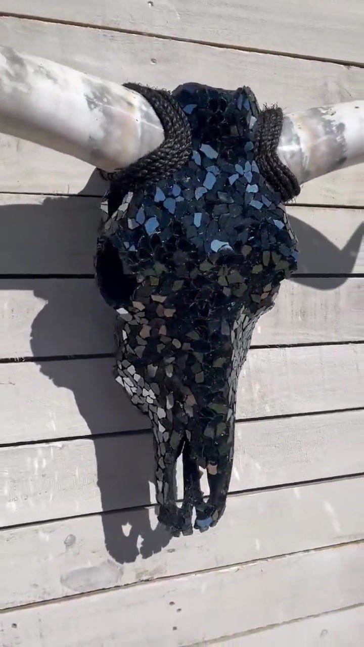 Thumbnail: Black Glass Cow Skull w/ horns 36" to 48" wide