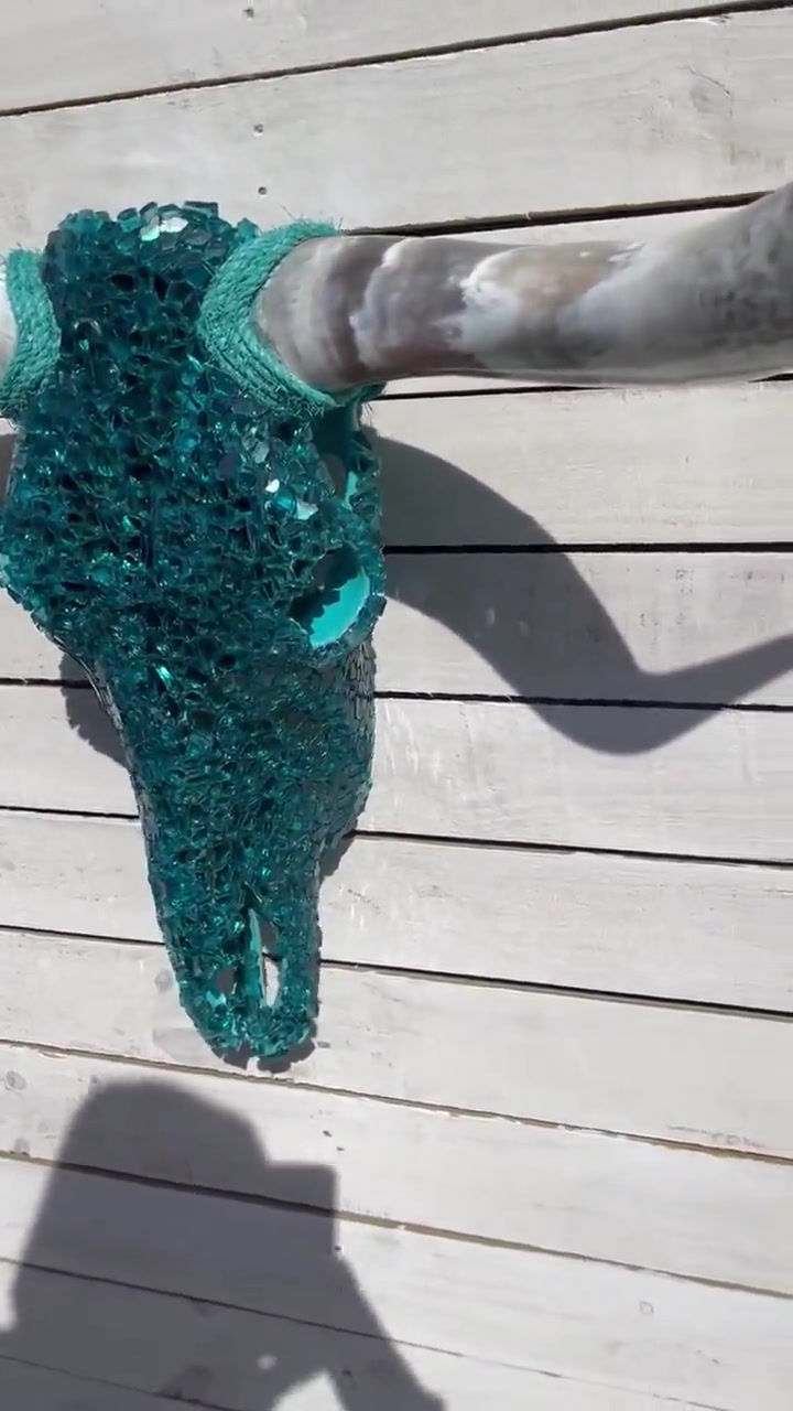 Thumbnail: Turquoise Glass Cow Skull w/ horns 36" to 48" wide