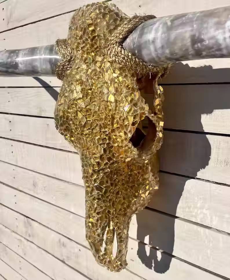 Thumbnail: Gold Glass Cow Skull w/ horns 36" to 48" wide