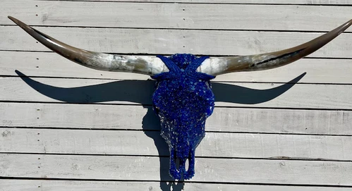 Blue Glass Cow Skull w/ horns 43
