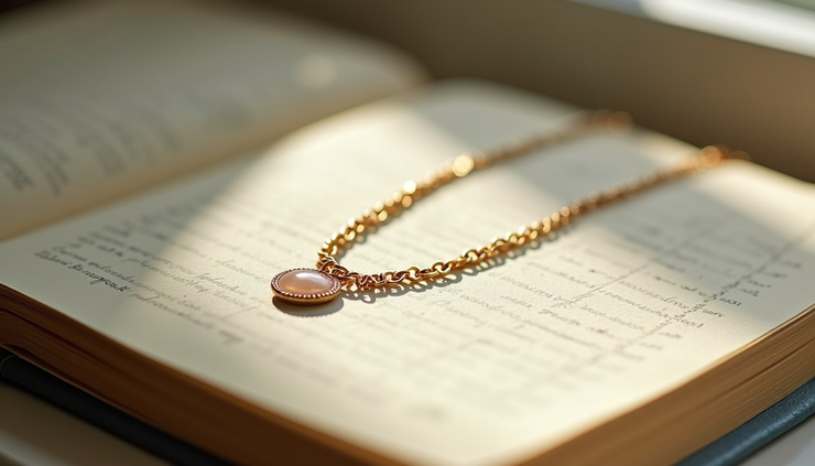 Close-up view of a delicate imitation necklace resting on a travel journal