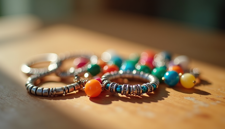Close-up view of a collection of colorful imitation jewellery pieces on a wooden surface