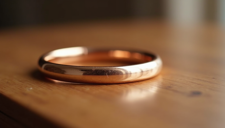 Eye-level view of a rose gold bracelet with intricate design on a wooden table