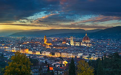 Florence or Firenze sunset aerial cityscape from Piazzale Michelangelo. Palazzo Vecchio and Duomo Cathedral. Tuscany, Italy