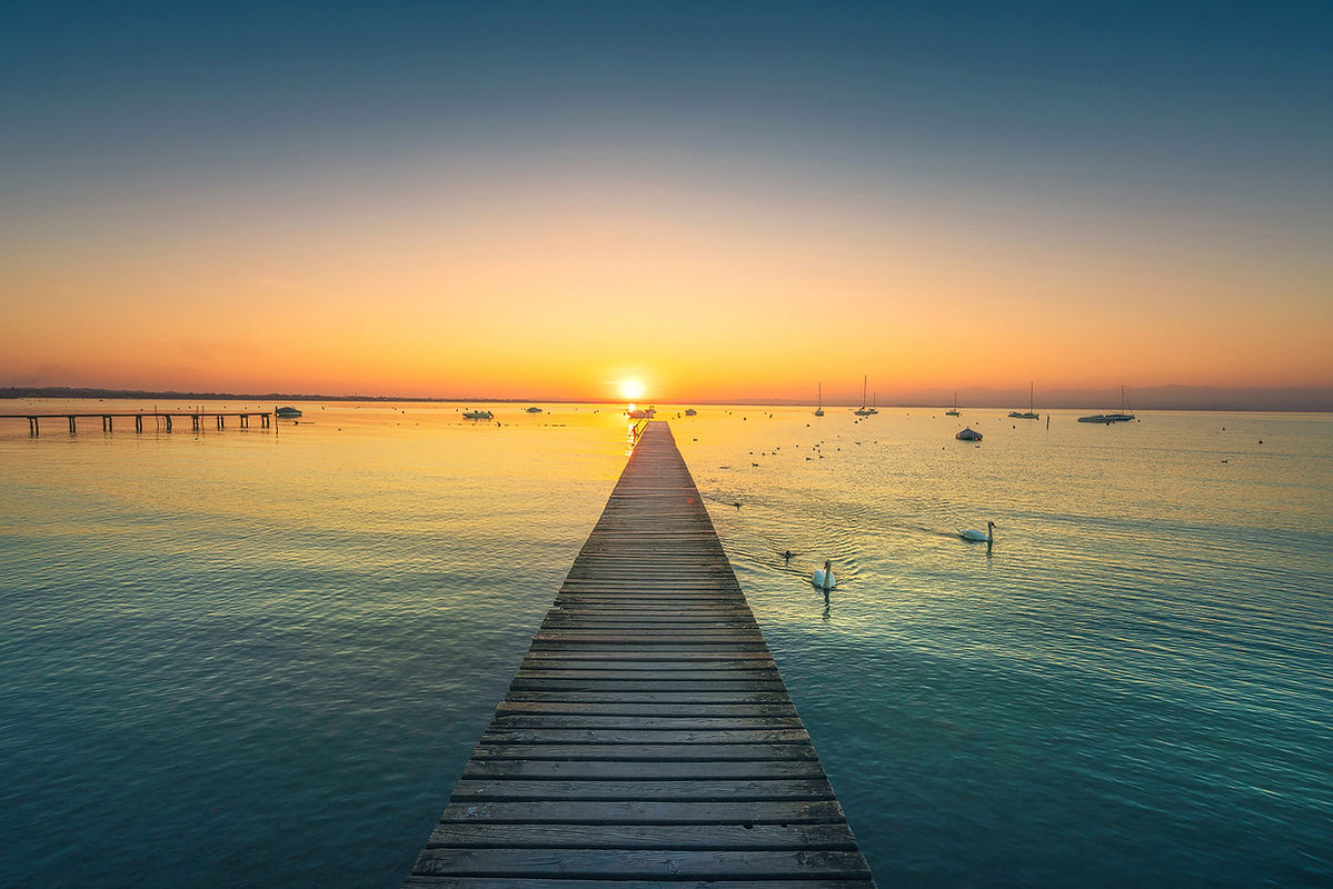 Garda lake, swans and wooden jetty or pier, panorama view from Pacengo Lazise. Verona, Veneto Italy Europe.