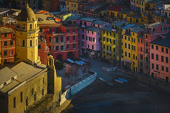 Vernazza village, church and buildings aerial view. Cinque Terre, Liguria, Italy, Europe.