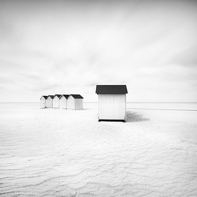 Beach Huts or Cabins on the atlantic ocean. Ouistreham beach in Calvados, France, Europe.