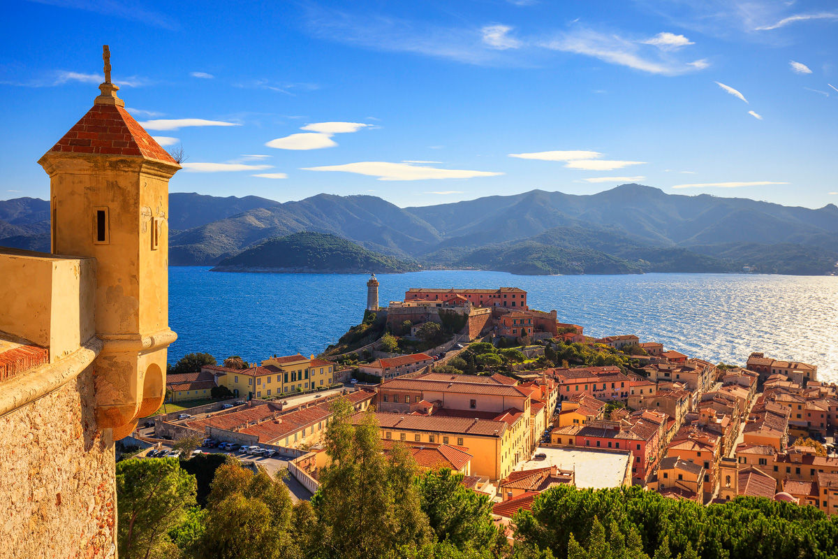 Elba island, Portoferraio view of lighthouse and medieval fort. Tuscany, Italy, Europe.
