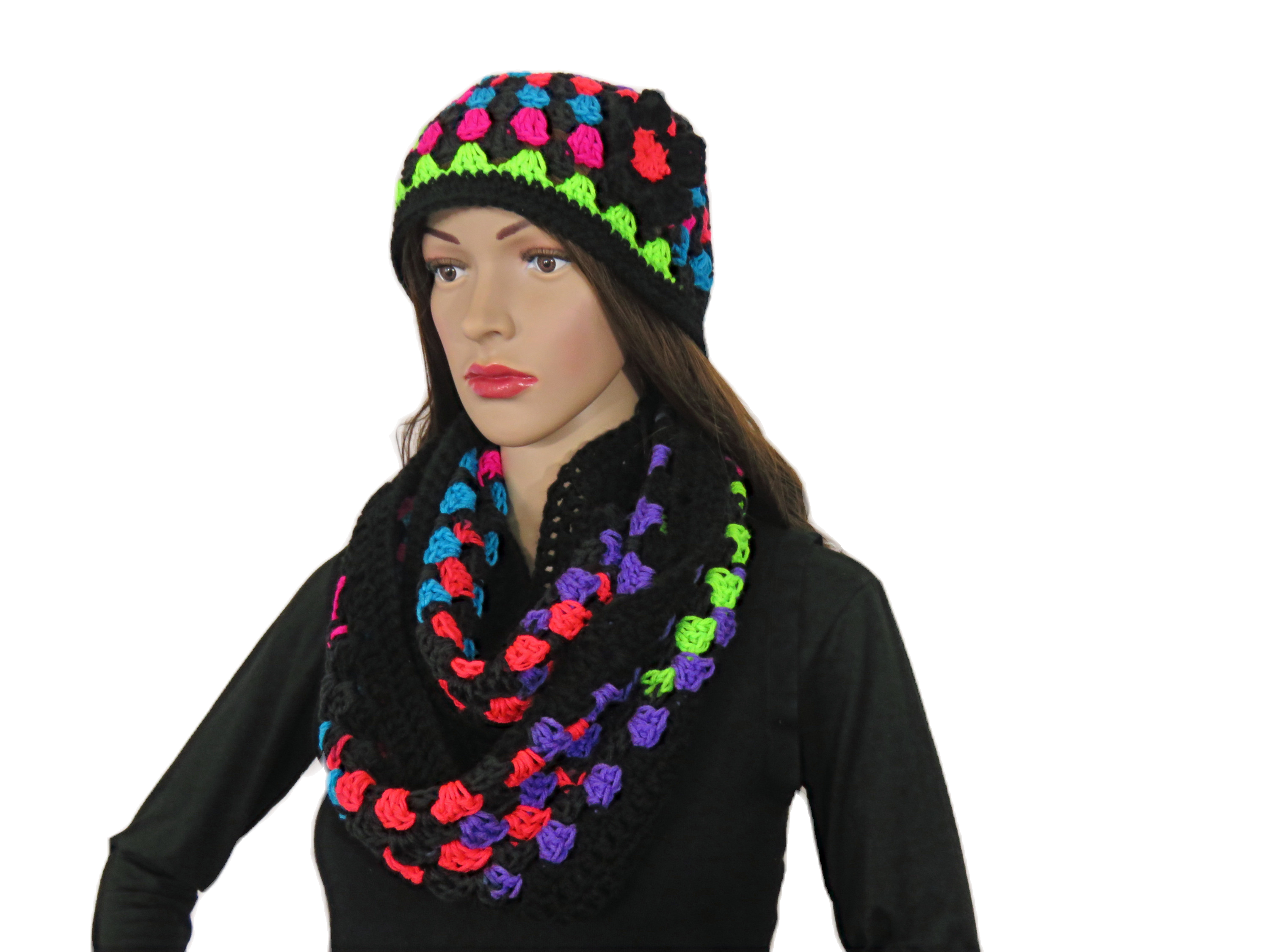 Handmade Crochet Scarf & Cap Set, Circle Scarf, Crochet Cap