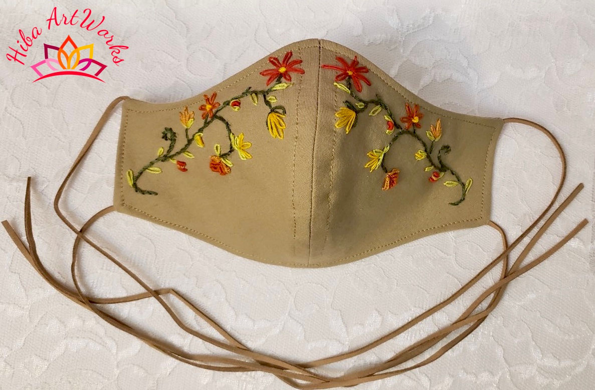 Handmade Denim Face Mask With Floral Embroidery Art