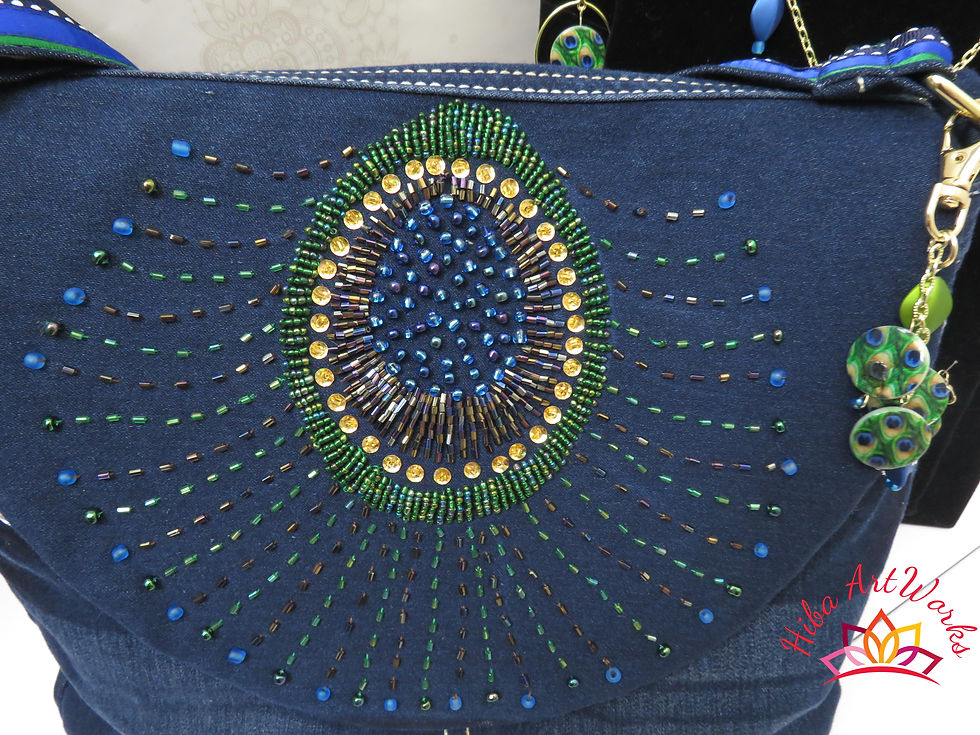 Thumbnail: Handmade Jewelry set (necklace,bracelet & earrings) with Denim handbag Peacocks