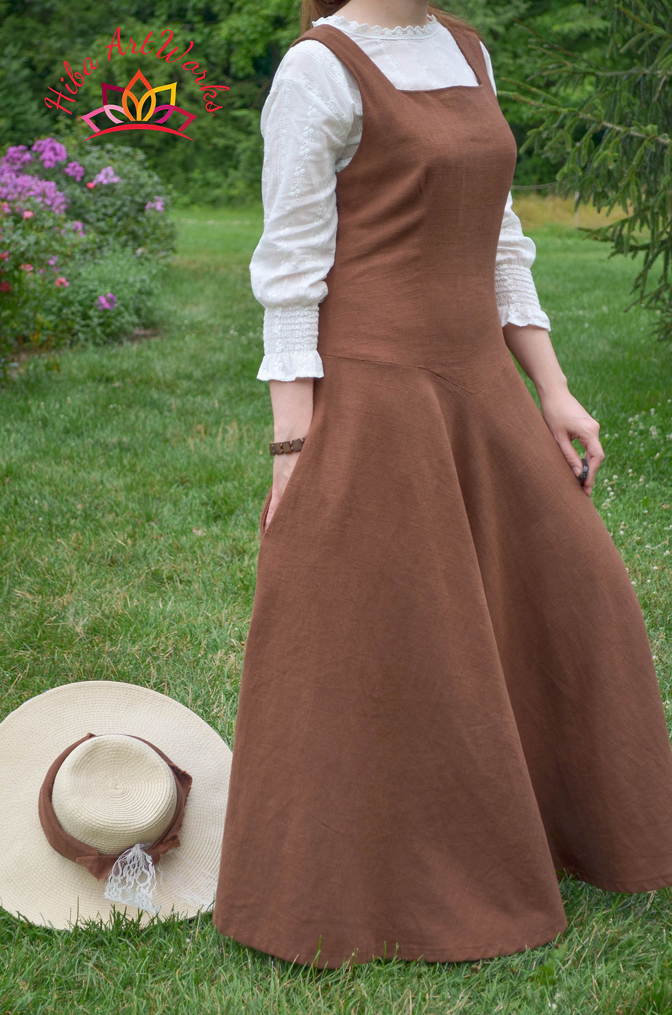 Thumbnail: Vintage Inspired Long Pinafore Dress made from Linen (Custom made)