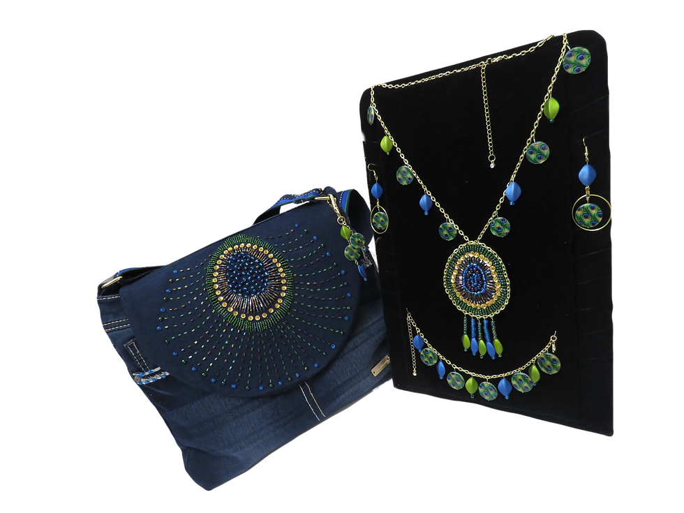 Handmade Jewelry set (necklace,bracelet & earrings) with Denim handbag Peacocks