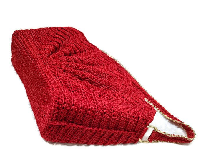 Thumbnail: Handmade Crochet Handbag, Top handle bag, Sea Shell style, Red Purse