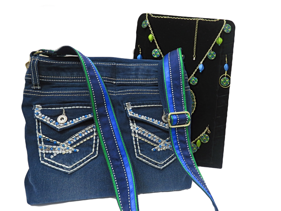 Thumbnail: Handmade Jewelry set (necklace,bracelet & earrings) with Denim handbag Peacocks