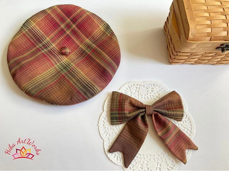 Thumbnail: Handmade Vintage Inspired Set , Plaid wool (Skirt , Bow & Beret)