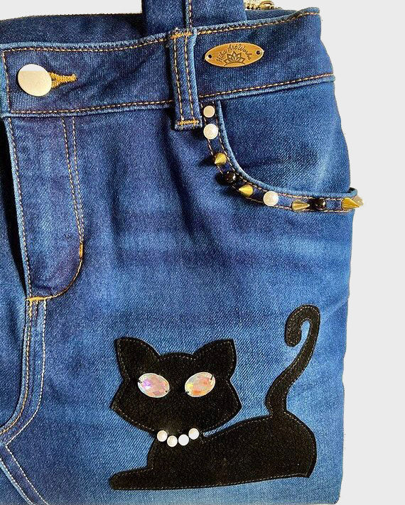 Thumbnail: Handmade Handbag for women, blue denim, jeans handbag, leather cats