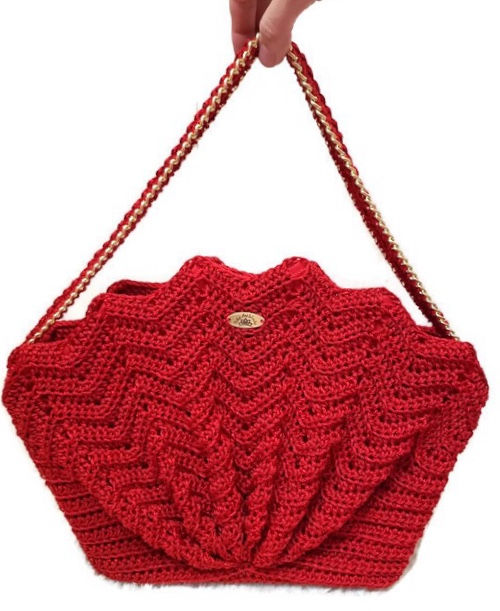 Thumbnail: Handmade Crochet Handbag, Top handle bag, Sea Shell style, Red Purse