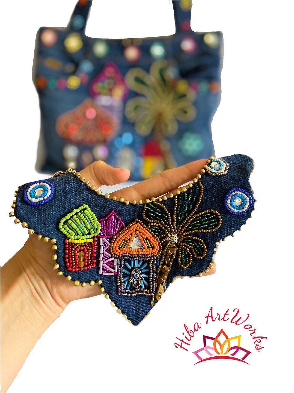Thumbnail: Handmade Denim Tote bag, shoulder bag - selected embellishment