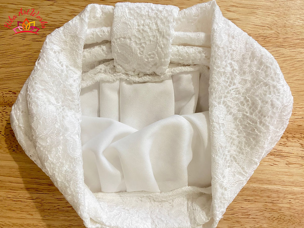 Thumbnail: Handmade Matching White Lace Turban and Mask with Pearl Beads Embellishment