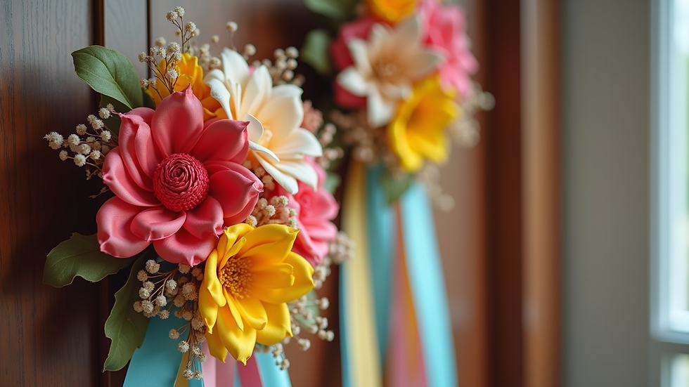 Close-up view of a handmade homecoming mum with colorful ribbons and flowers