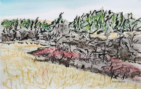 Hills in the Fall, pastel, watercolor and ink, 9x6, $55