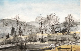 Building in the Brush and Trees, watercolor and ink, 9x6, $100
SOLD
