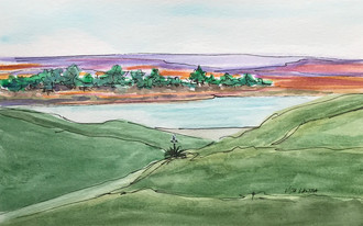 Grassy Hills, watercolor and ink, 9x6, $50
