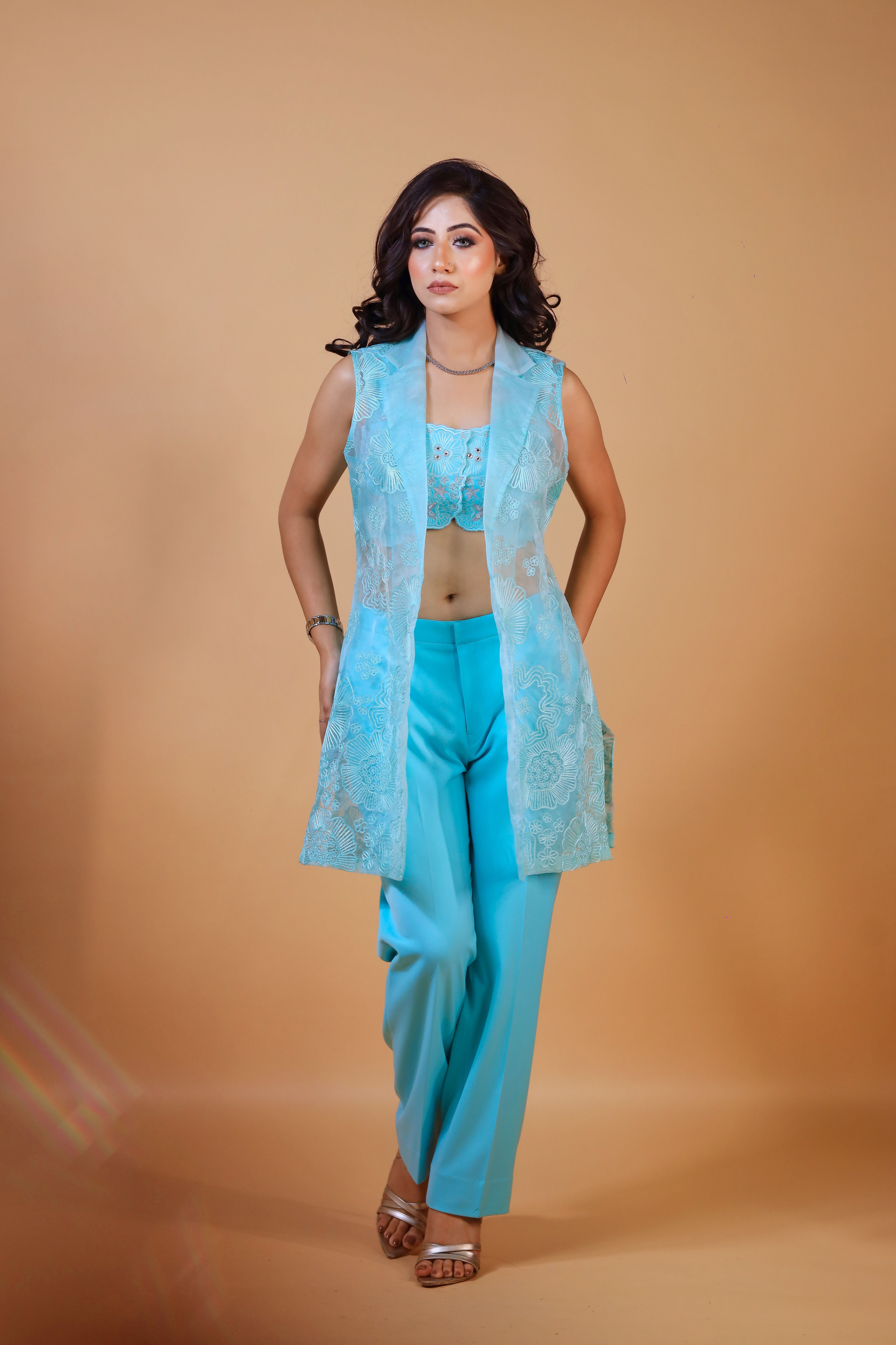 3 Pc Indo Jacket Set with Machine Embroidery