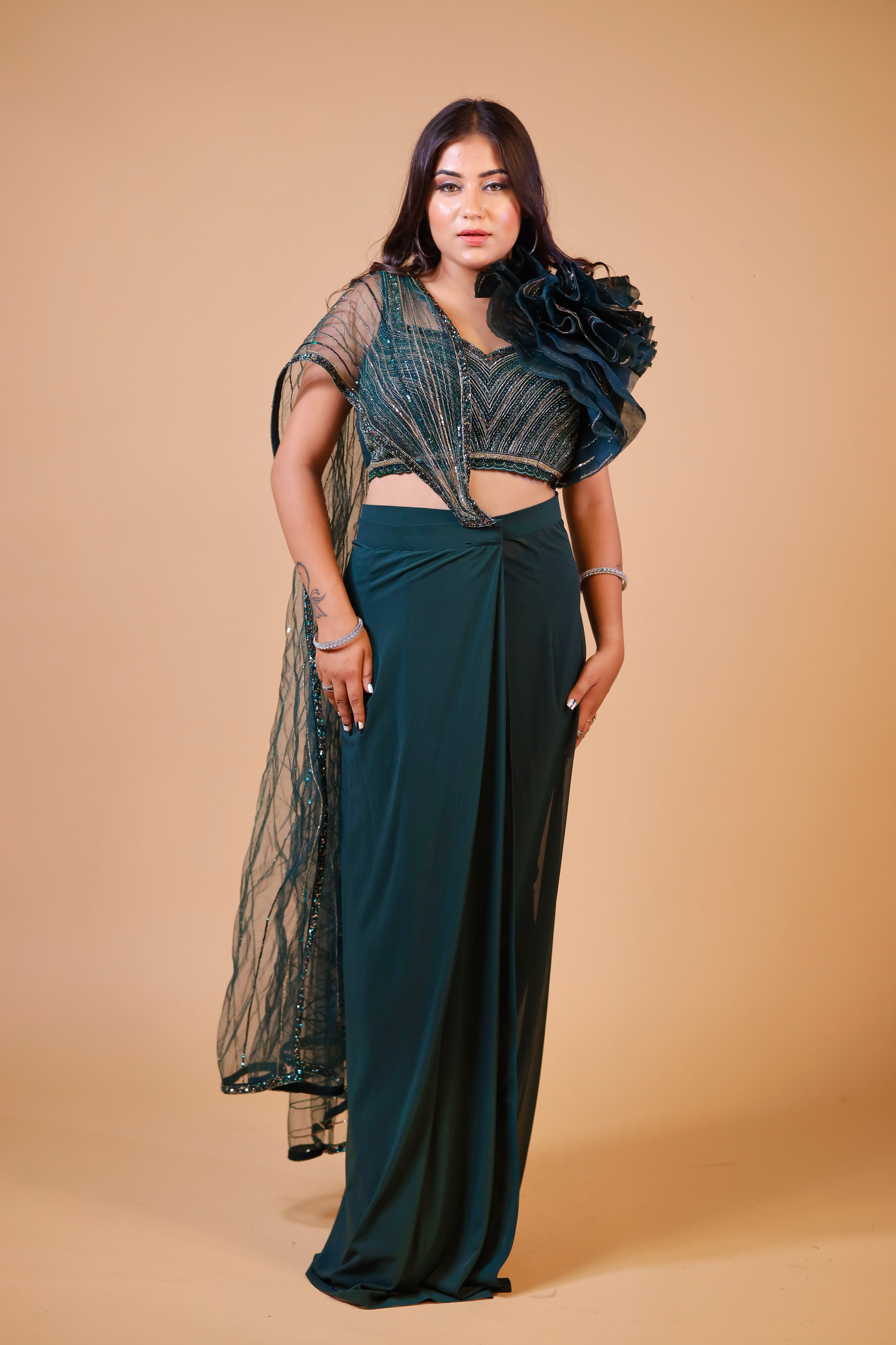 Bottle Green Drape Saree with Ruffles on Shoulder