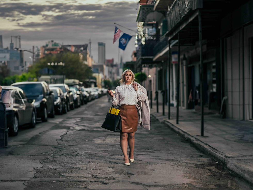 Commercial shot of a lawyer walking in New Orlean's French Quarter