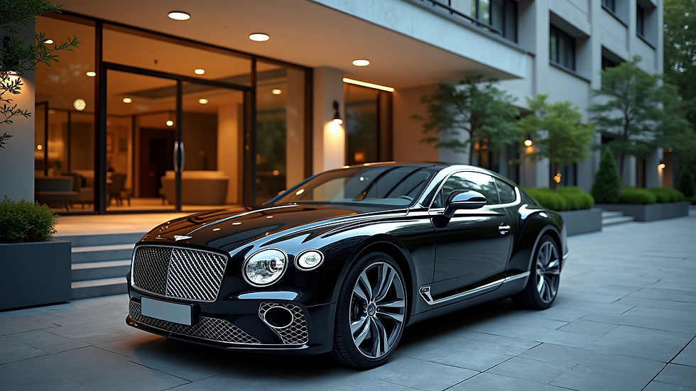 High angle view of a luxury car parked outside a hotel