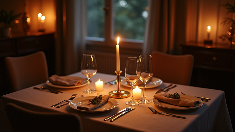 High angle view of a candlelit dinner table set for two
