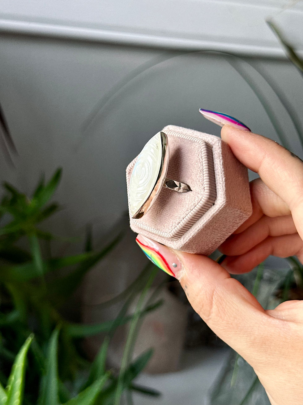 Thumbnail: Rainbow Moonstone Evil Eye Ring - Size 7