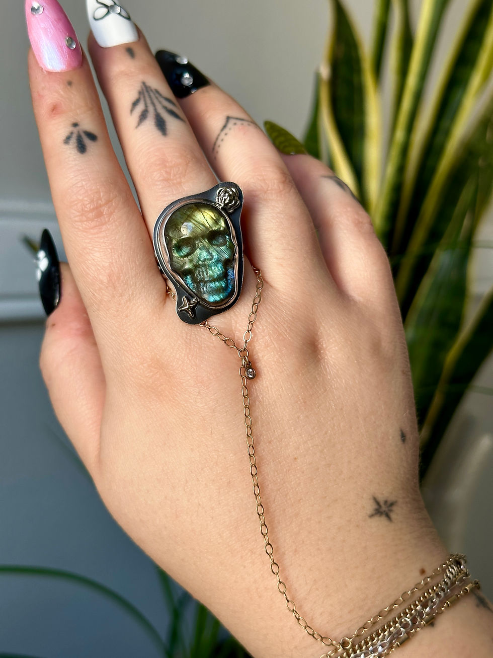 Thumbnail: Labradorite Skull Ring - Size 8.5