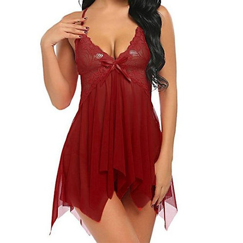 Front Split Babydoll w/ Lace Top & Bow Accent