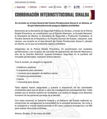 En revisión en el área femenil del Centro Penitenciario Goros II, en Ahome, el Grupo Interinstitucional asegura objetos prohibidos