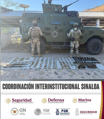 En distintos poblados de Badiraguato, el Grupo Interinstitucional aseguró armas, cargadores, municiones y decenas de artefactos explosivos