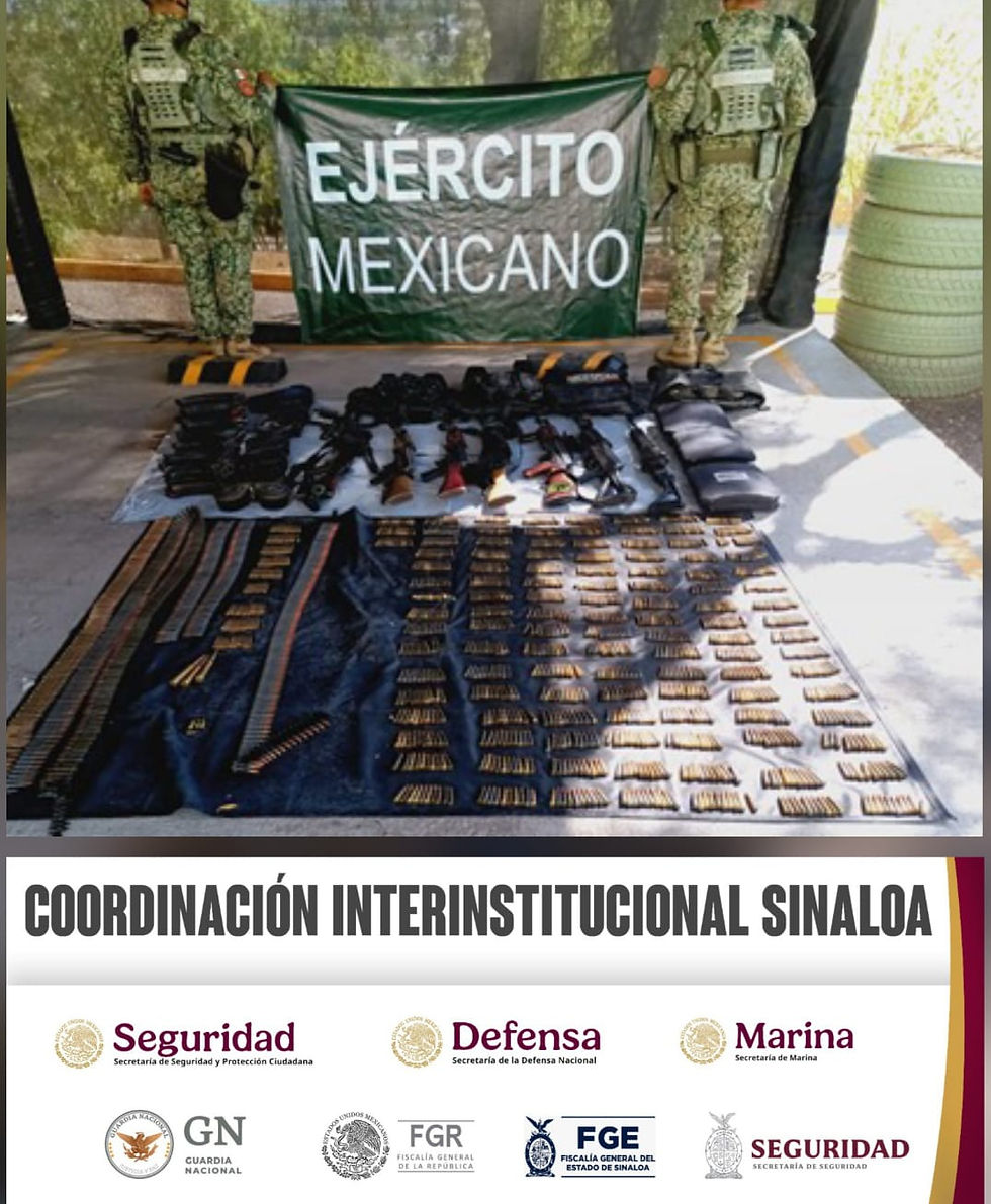 En distintos poblados de Badiraguato, el Grupo Interinstitucional aseguró armas, cargadores, municiones y decenas de artefactos explosivos