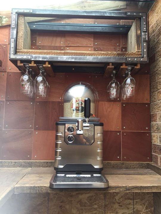 Thumbnail: Feature wall with industrial steel glass storage in outdoor kitchen and BBQ Made in Sheffield