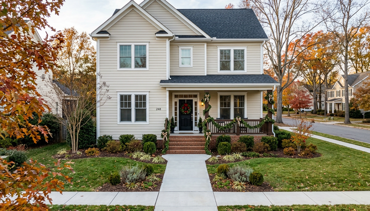 Wide-angle view of a clean home exterior with holiday greenery near the front door