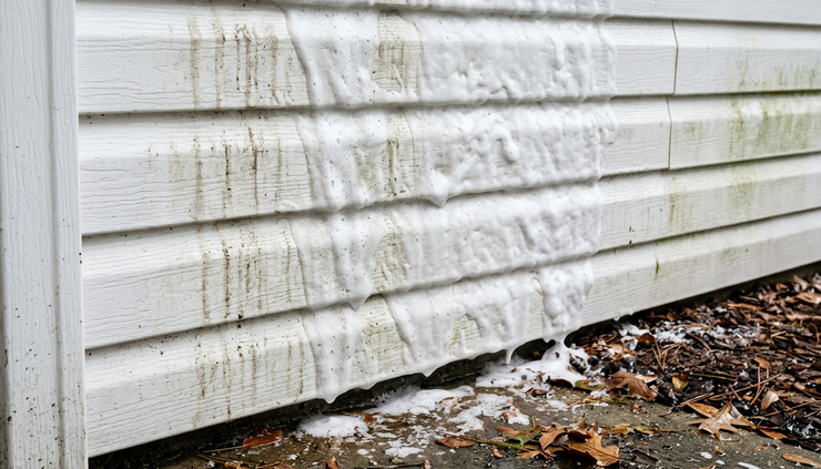 Close-up view of softwash foam on exterior siding after a storm.