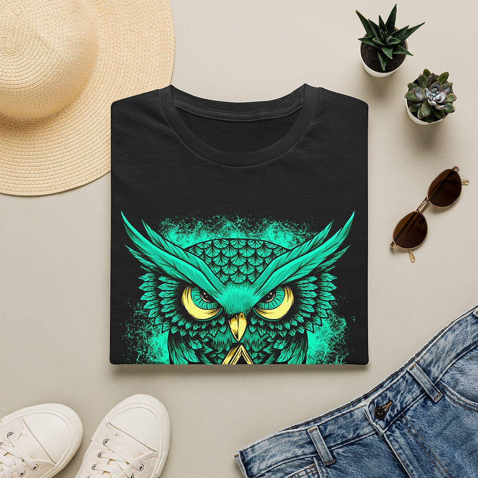 Thumbnail: Owl of Wisdom Graphic T-Shirt — Mystical Green & Gold Owl Design