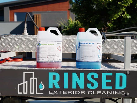 Blue Tongue Industries House Wash and Sticky Blue cleaning products on Rinsed Exterior Cleaning truck, used for professional soft washing services on the Gold Coast.