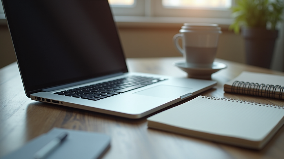 Close-up view of a laptop on a desk with a notebook and coffee cup