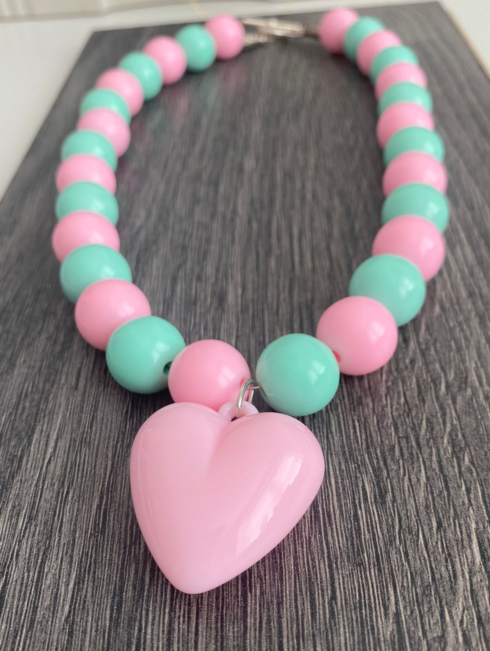 Handmade Bubblegum heart pendant necklace 19 inches Candy Pink & Mint