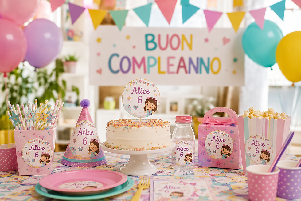 Allestimento per festa di compleanno a tema per bambini con torta, decorazioni coordinate e Party Kit personalizzato.