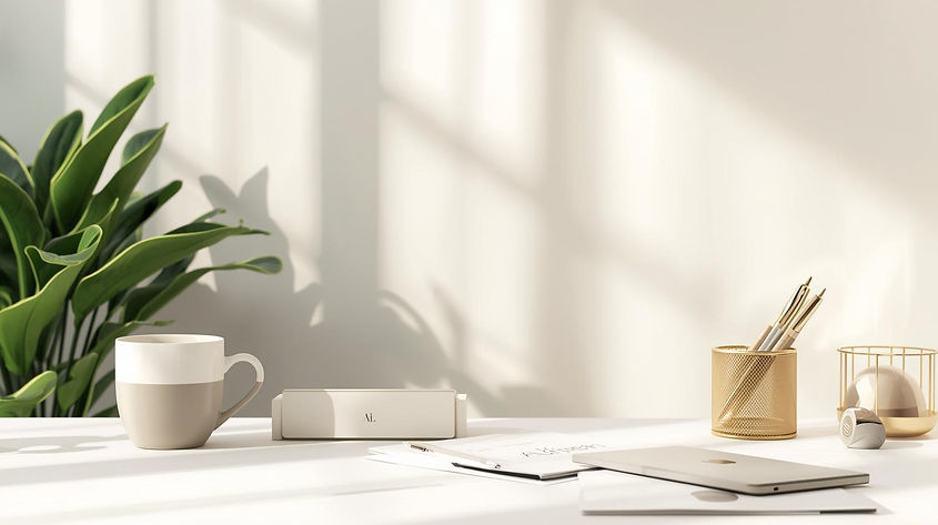 Photo réaliste d’un bureau lumineux et élégant avec un logo minimaliste imprimé sur une ca