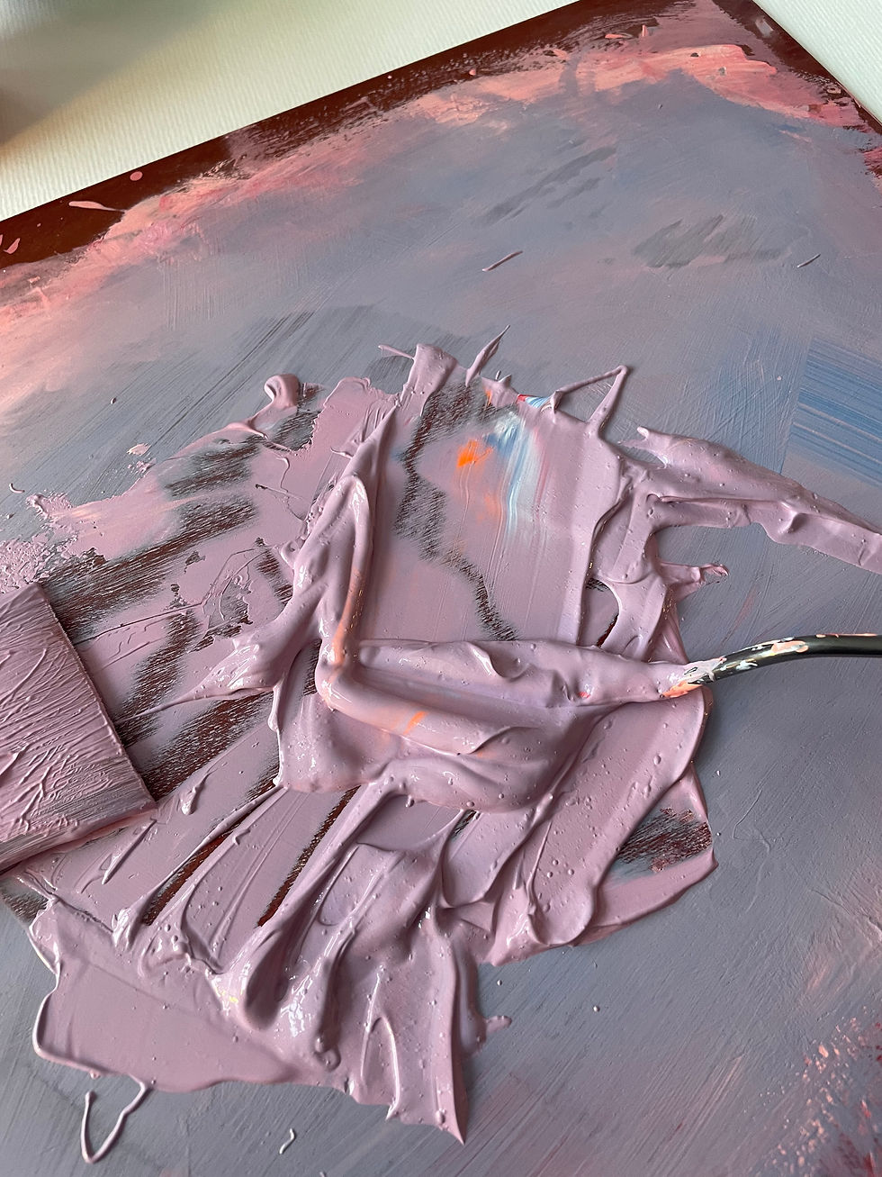 Abstract painter mixing thick purple paint and cement - studio life, Madrid