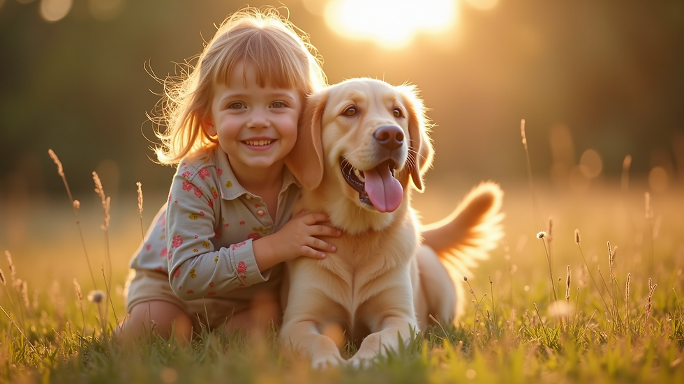 Eye-level view of a joyful child playing with a golden retriever
